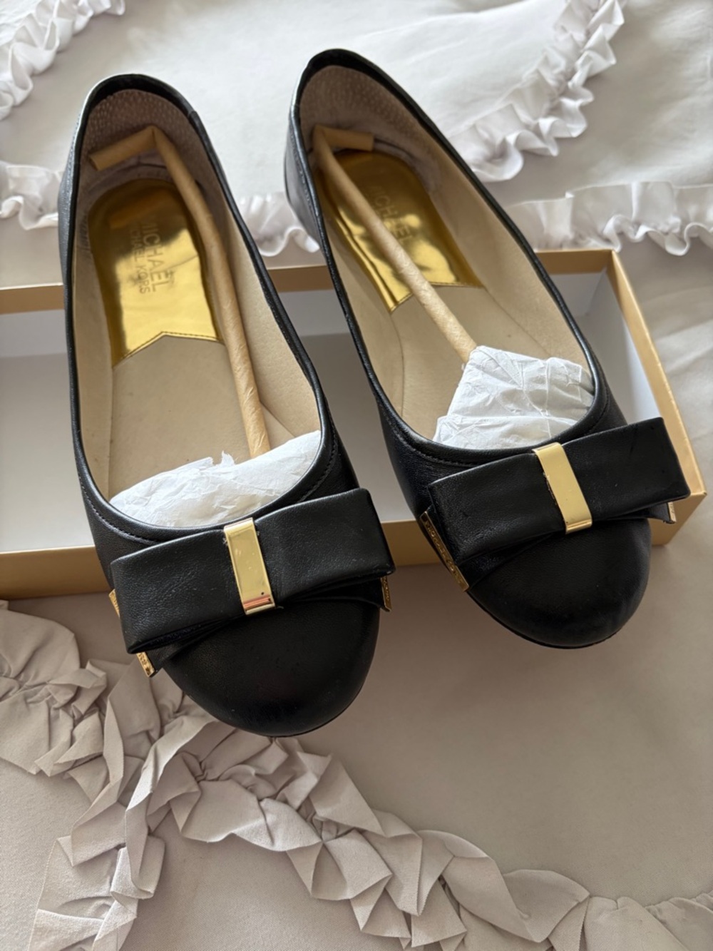 Michael Kors Black Leather Bow Flats with Gold Accent
